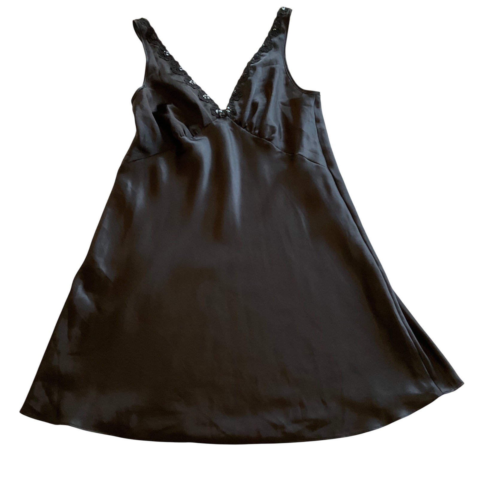 Jones New York Chemise Women Large Black Satin Lace Sequin Trim Nightgown