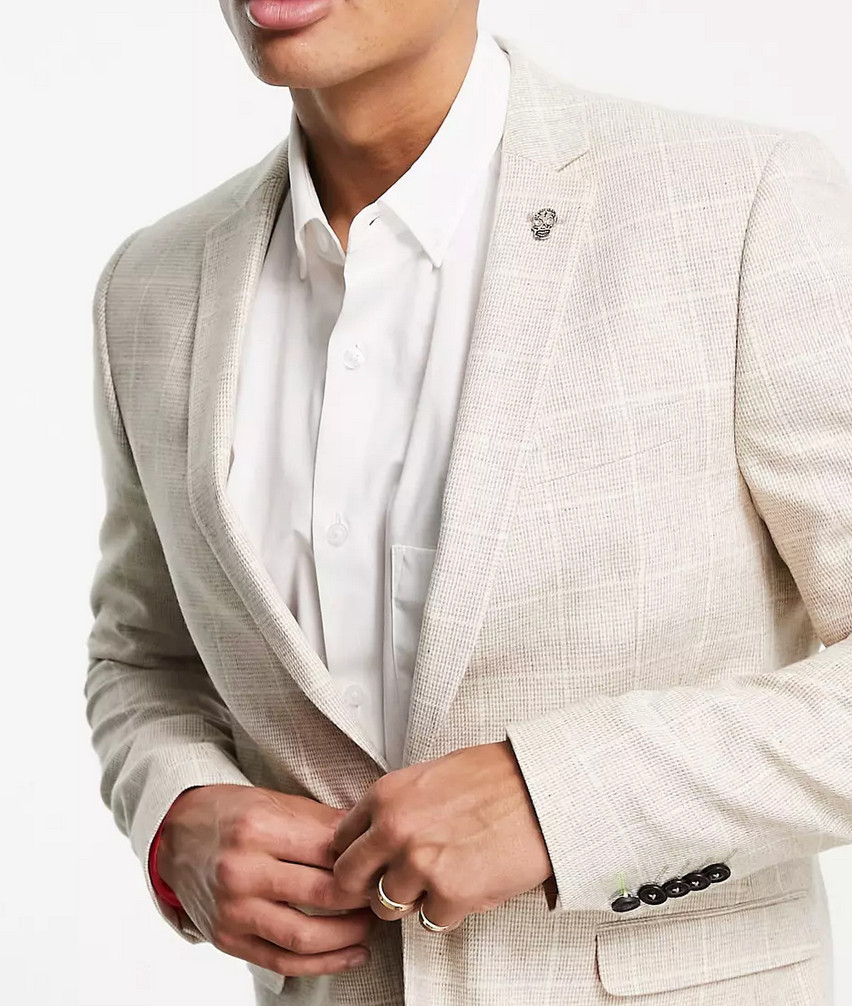 TWISTED TAILOR STONE WINDOWPANE CHECK PLAID SKULL PIN BLAZER JACKET SZ 38 R 38R