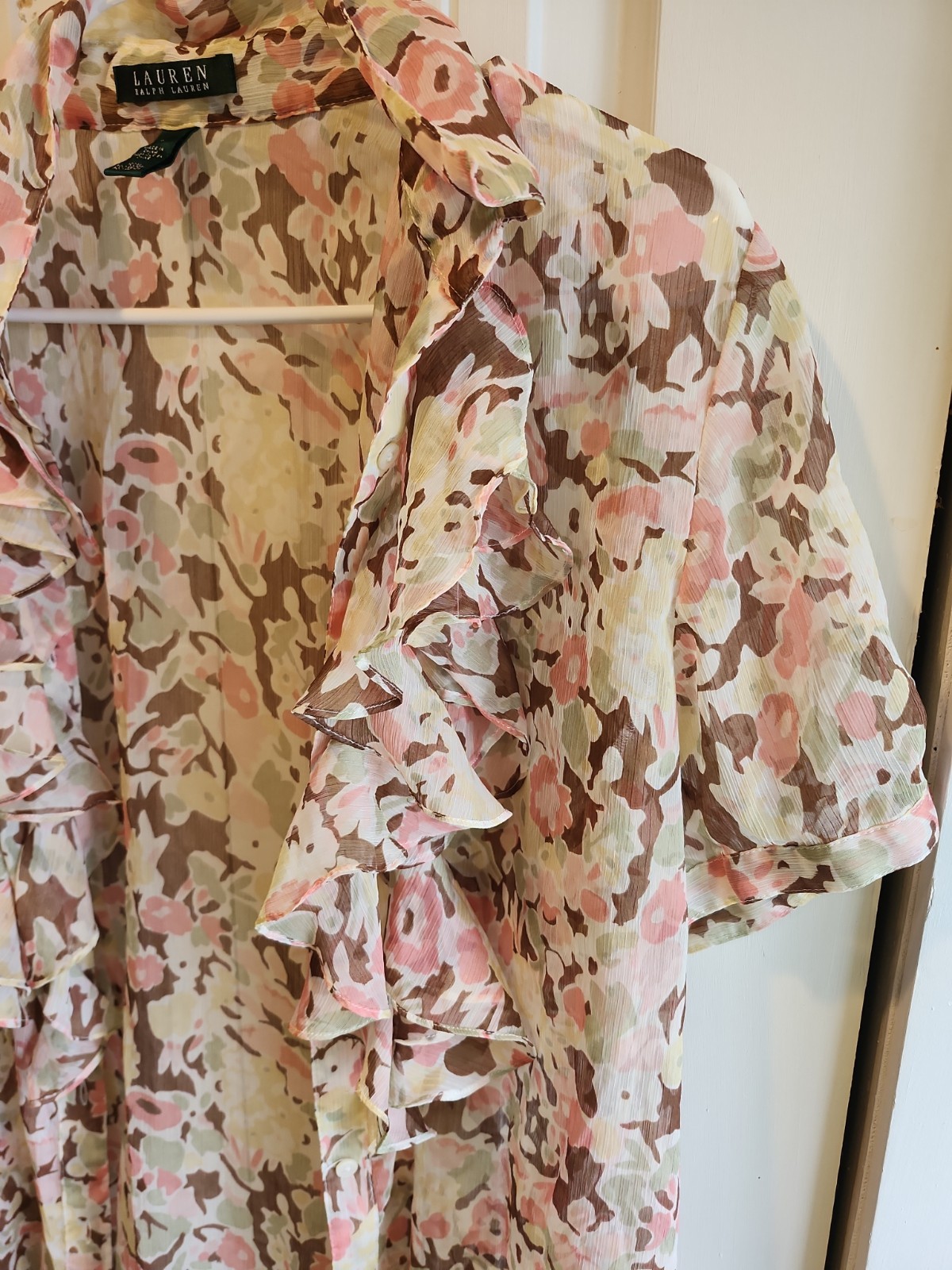 Ralph Lauren Semi Sheer Ruffle Front Blouse Top Sz XL Ivory Pink Blue Floral Pat