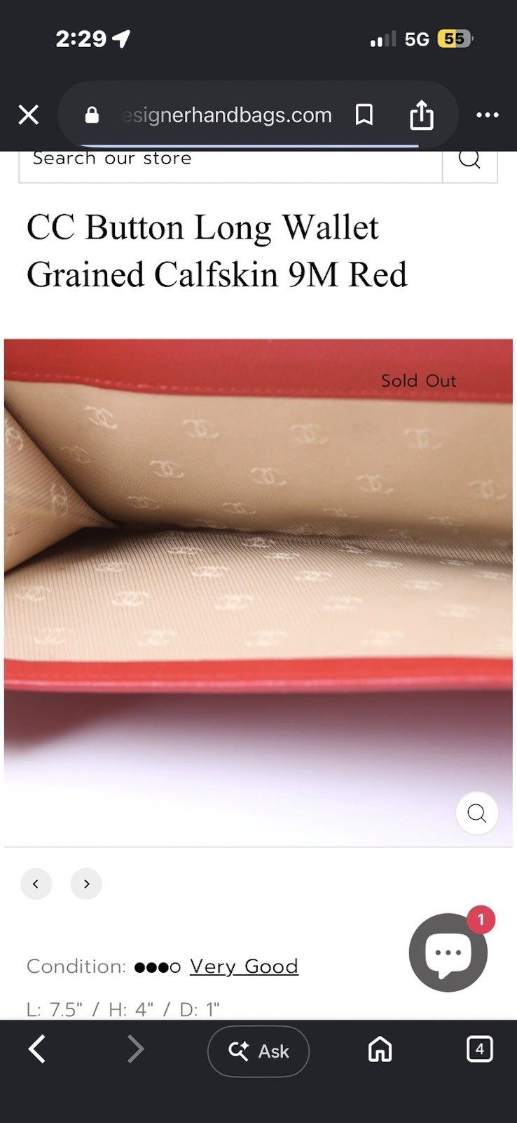 CC Button Long Wallet Grained Calfskin 8M Red