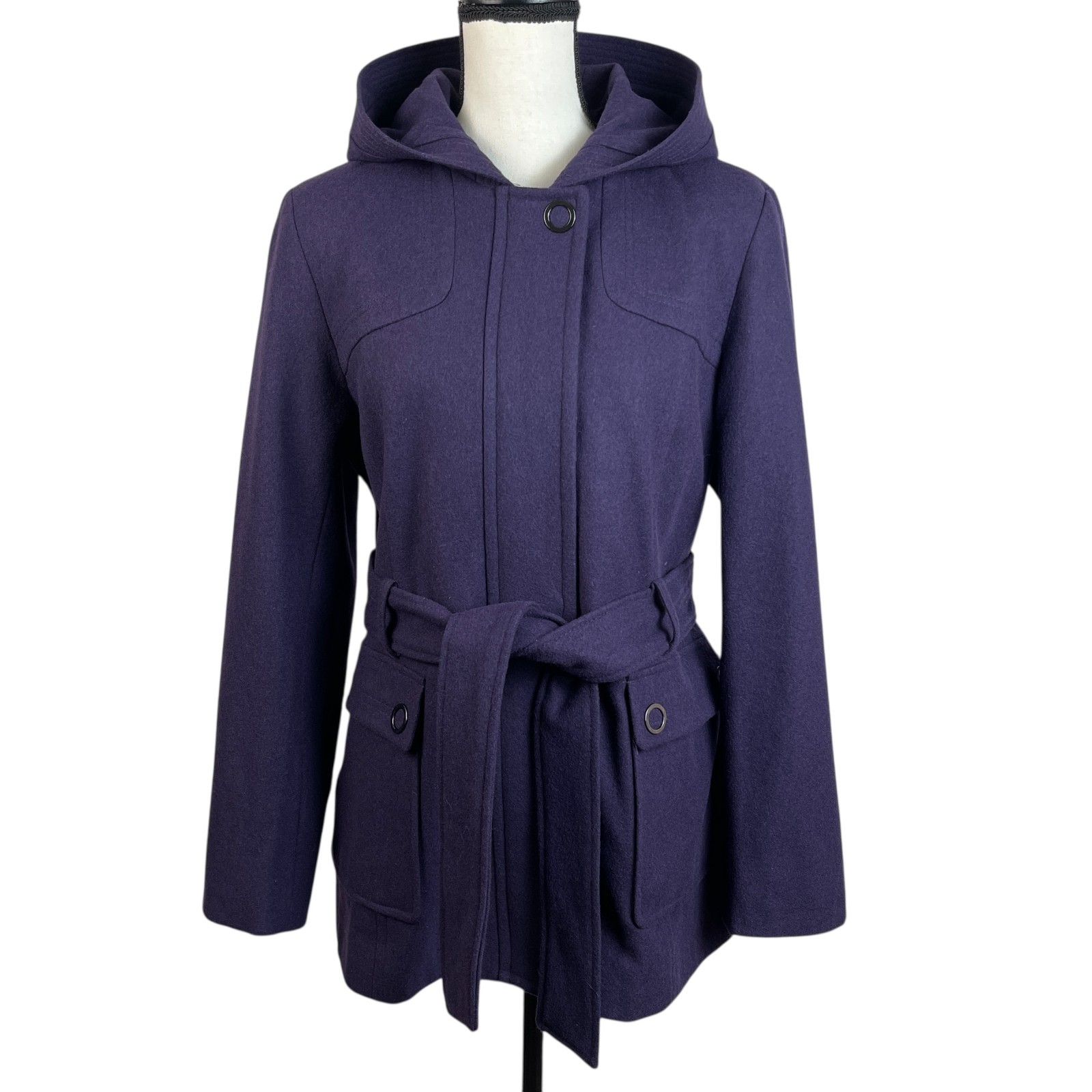 Croft & Barrow Women’s Coat Size Large Purple Wool Blend Hooded Belted Full Zip