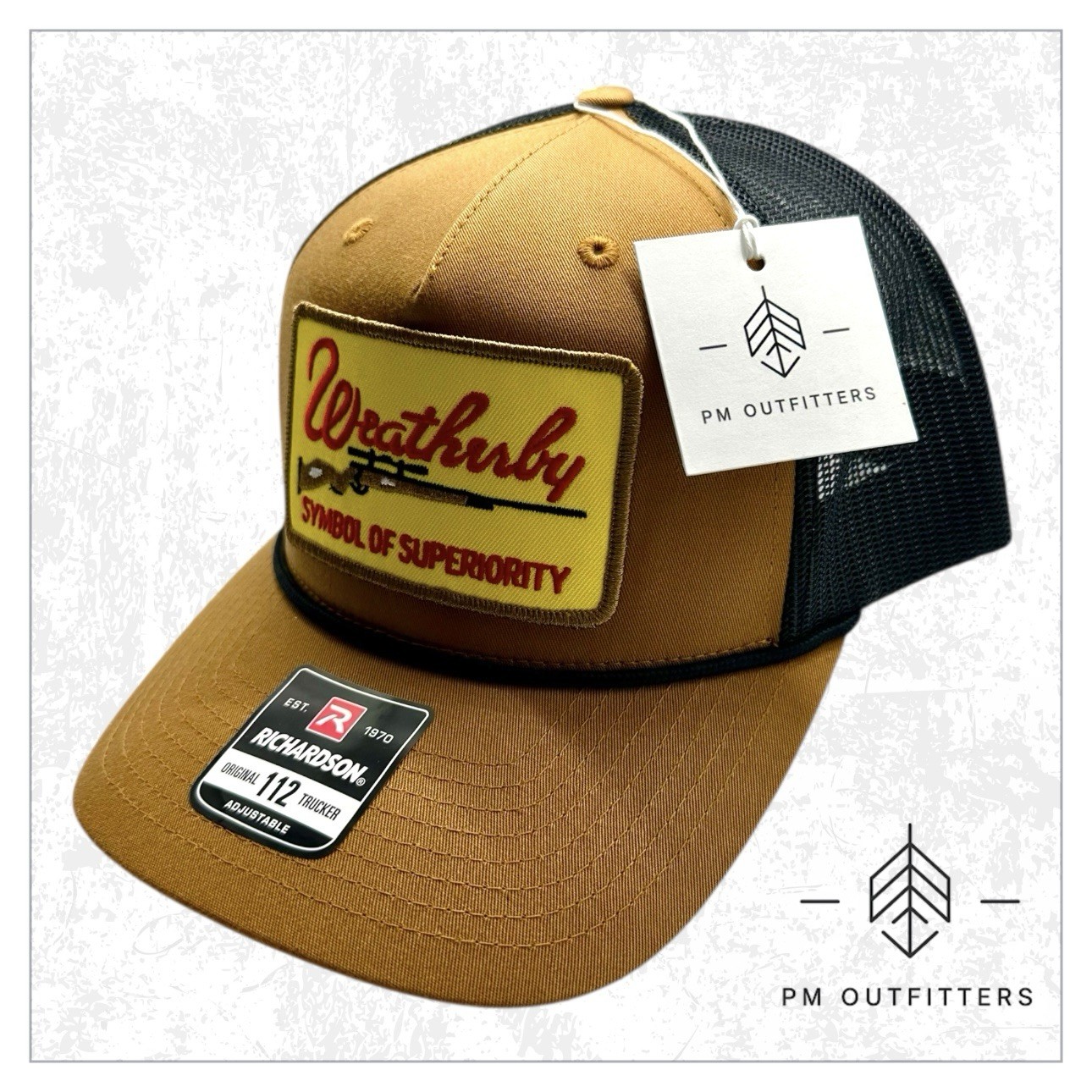 Retro Weatherby Firearms Embroidered Patch on Richardson 112 Rope Trucker Hat
