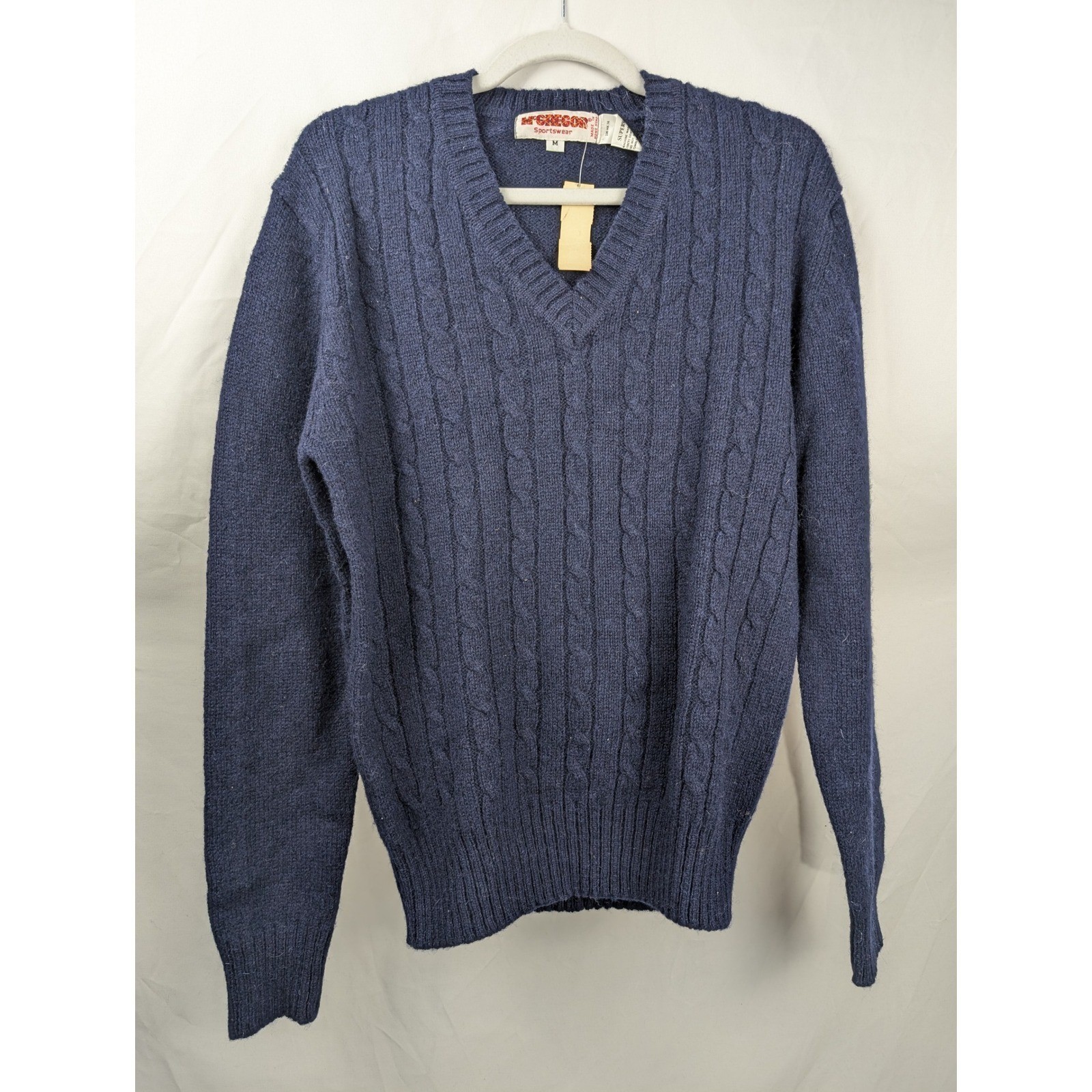 Vintage McGregor Mens Cable Knit Wool Sweater Sz M Navy Blue Fisherman Deadstock