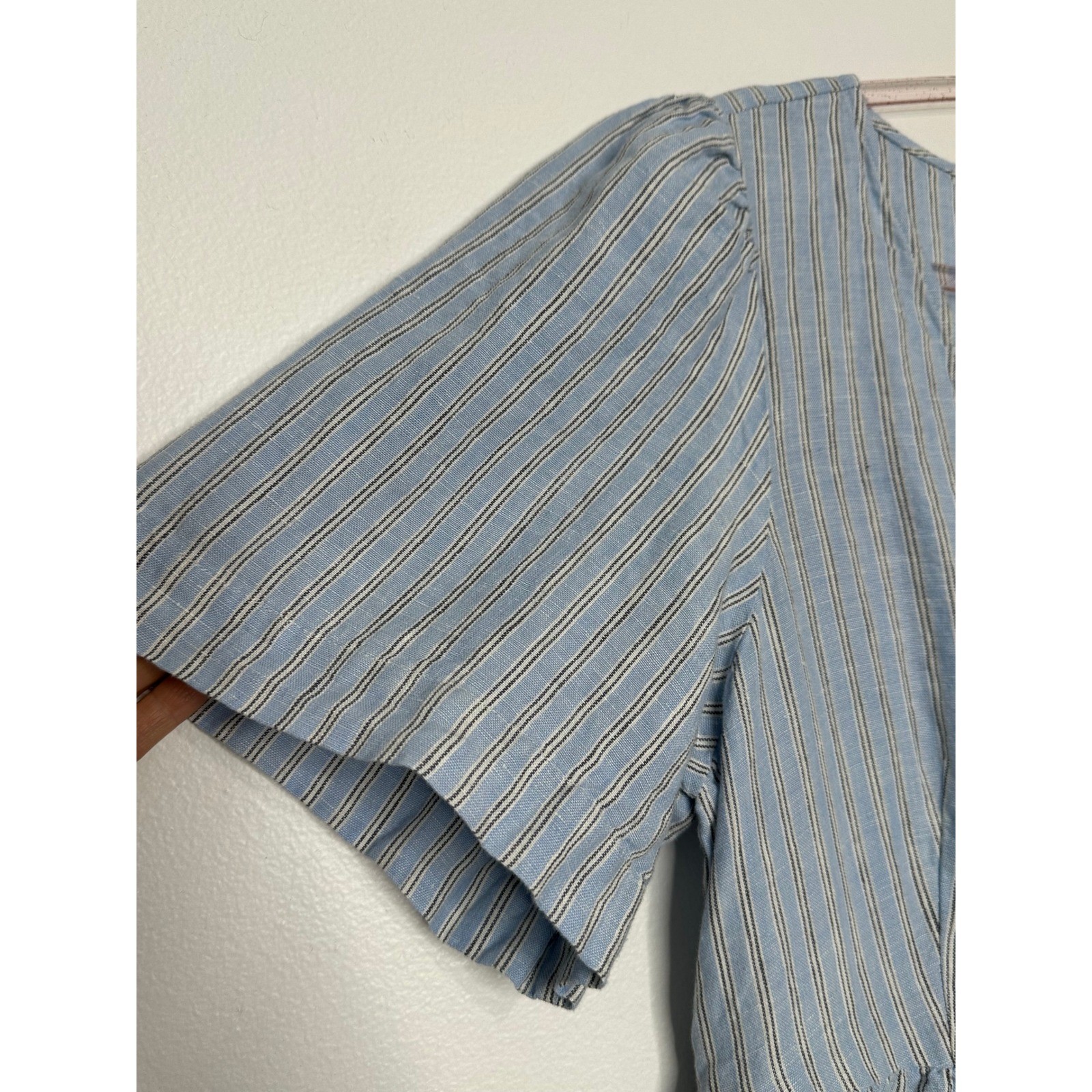 Madewell Cassie Striped Linen Button Front Midi Dress Size L Blue WhitePockets