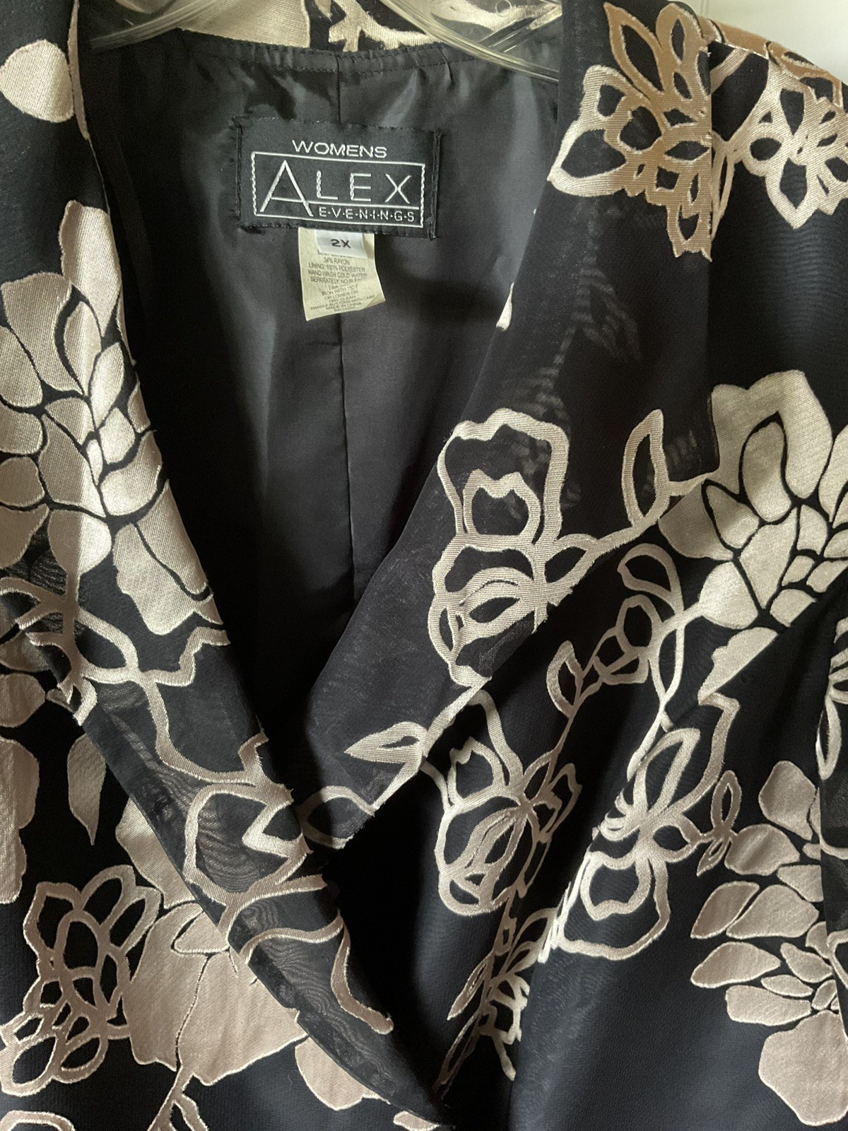 Alex Evenings Jacket Women 2X Black Floral Sheer Chiffon 3/4 Sleeve 80s Vintage