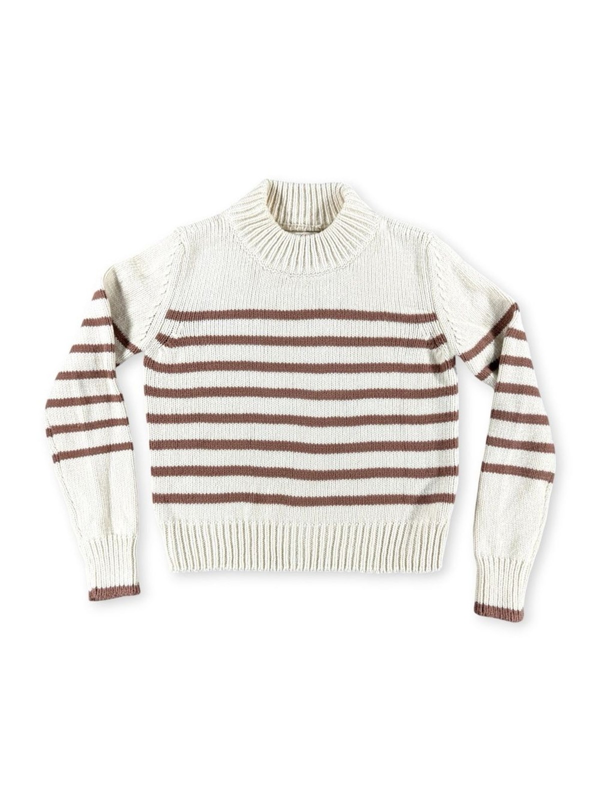 Faherty Cream and Brown Cuddle Striped Crew Neck Cozy Knit Sweater – Size Small