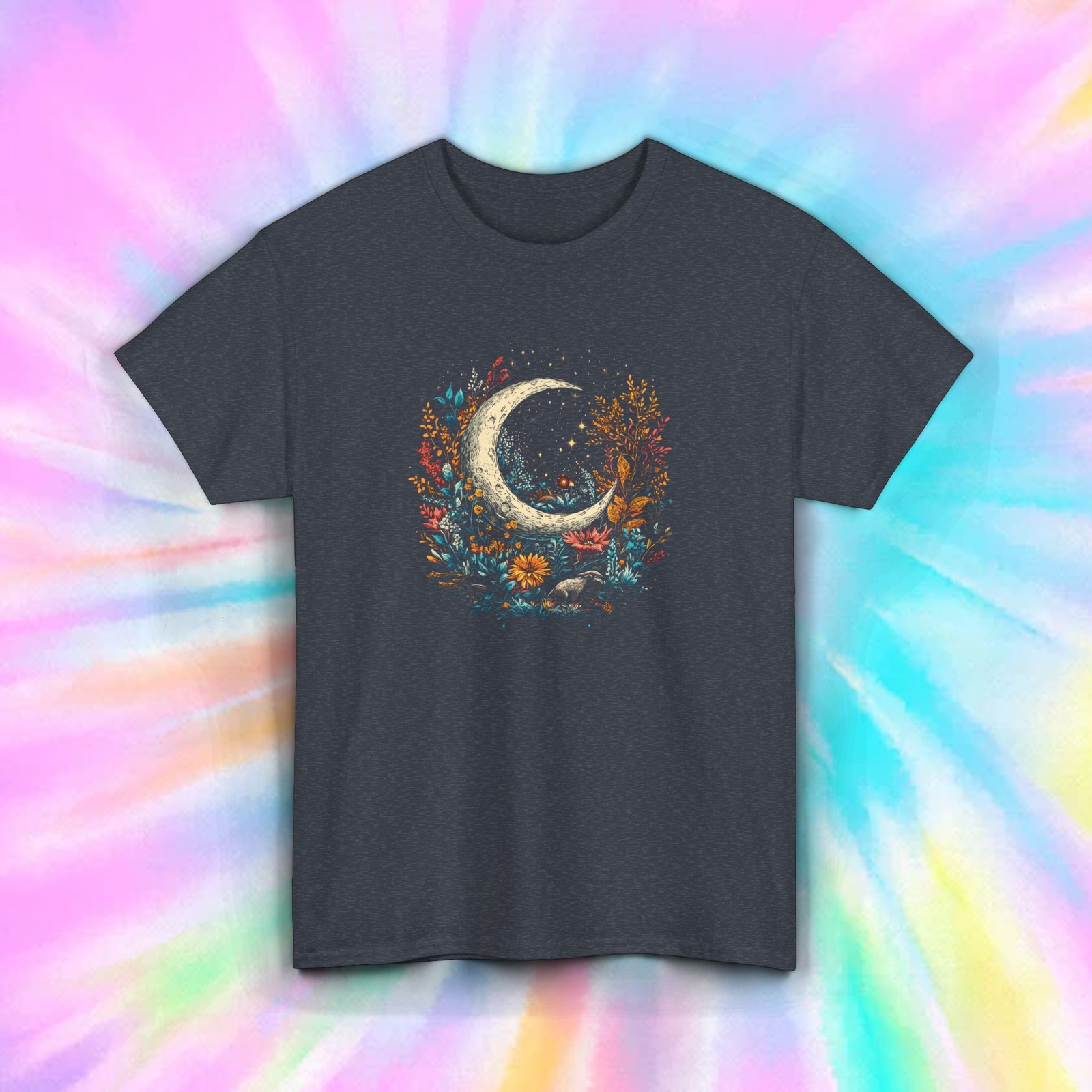 Moon and Floral T-Shirt Bohemian Night Sky Nature Art Gift Tee S-5XL