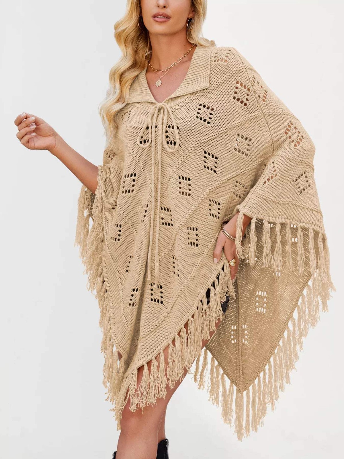 Women’s Fringe Tassel Tie Openwork Knit Boho Beach Cover Up Multi Colors S-XL