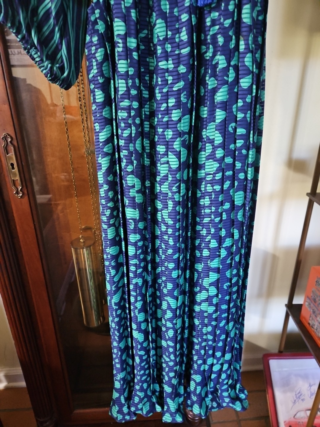 Neiman Marcus Vintage Preppy Academia Blue Green Pleated Ruffle Tassel Dress