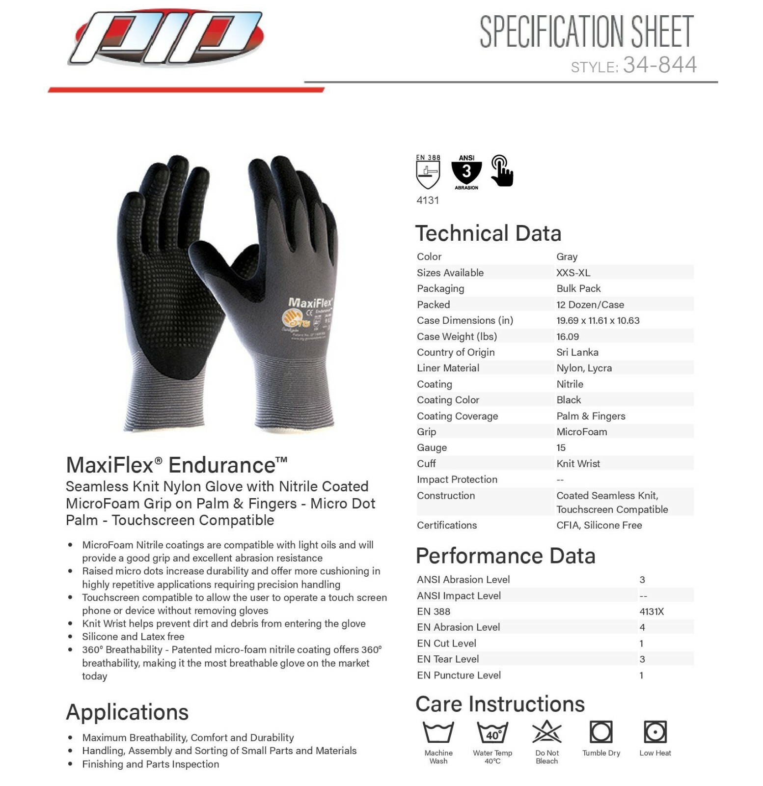6 PR 34-844 MaxiFlex Nitrile Grip Foam Dotted Palm Coated PROTECTIVE WORK GLOVES