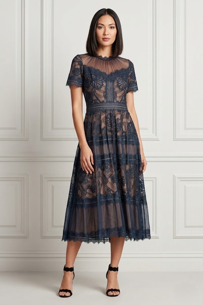 NWT TADASHI SHOJI Camilla in Navy Nude Lined Sheer Illusion Lace Midi Dress 6