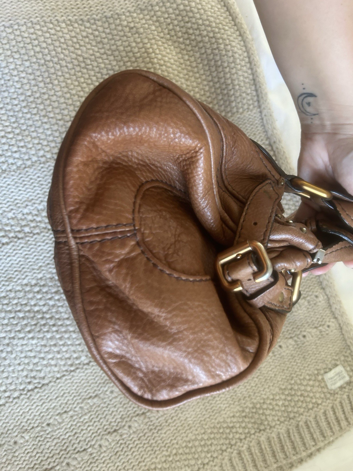 Chloé Brown Satchel Padlock & Key, Studded Bottom, Zip Closure, Gold/Silver