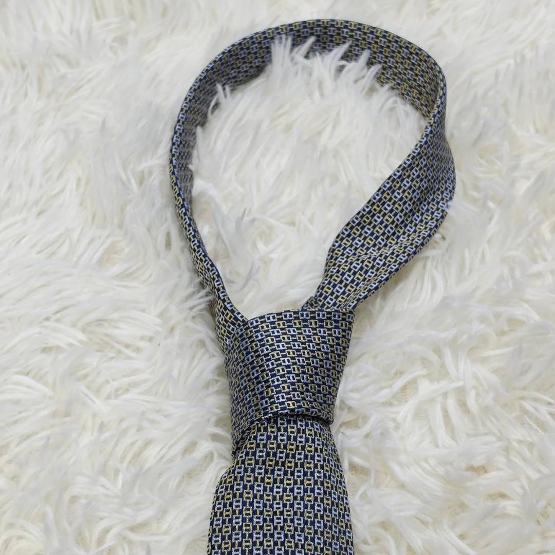 Classic HERMES Tie Navy H Pattern Logo Silk 8cm Blade