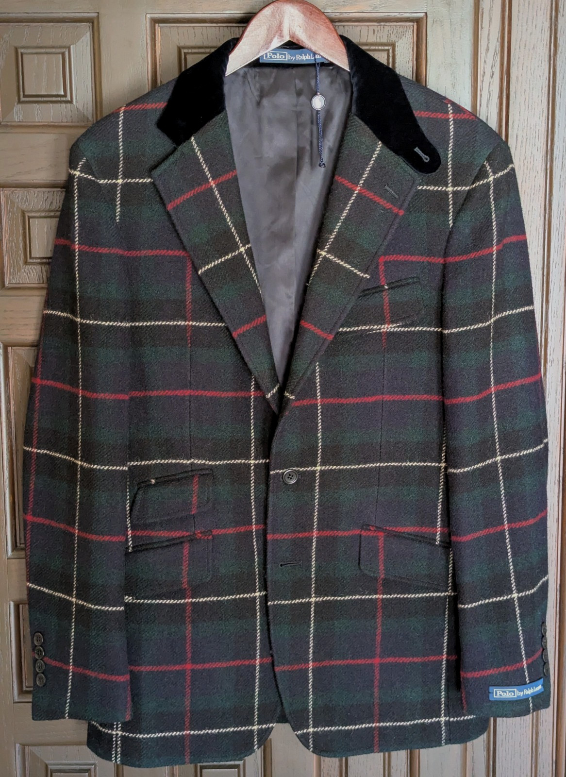 POLO Ralph Lauren Tailored Plaid Wool Suit Jacket, Velvet Collar, 38 R NEW Italy