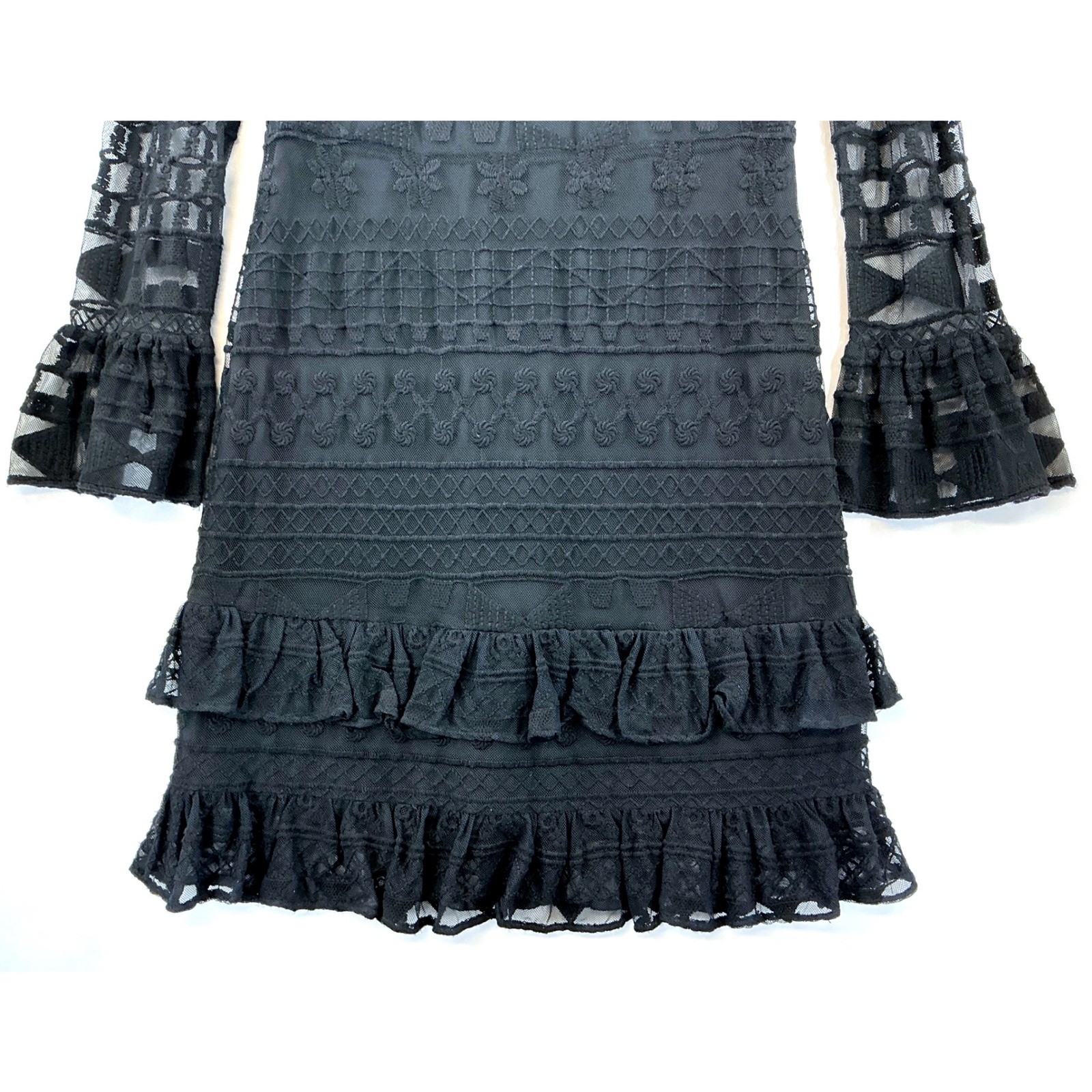 Parker Black Lace Bell Sleeve Ruffle Hem Mini Dress Sz S Whimsigoth Goth Glam