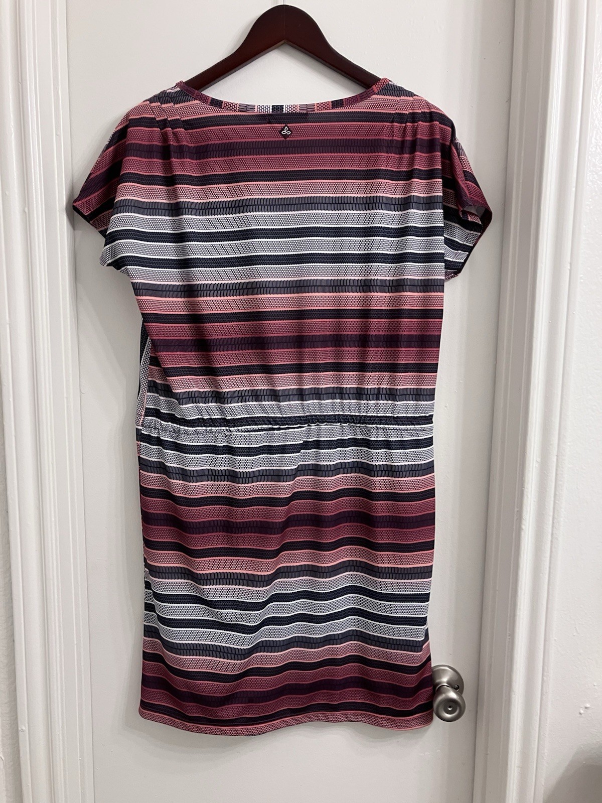prAna Women’s Small Striped Drawstring Waist Dress Pink Black Short Sleeve