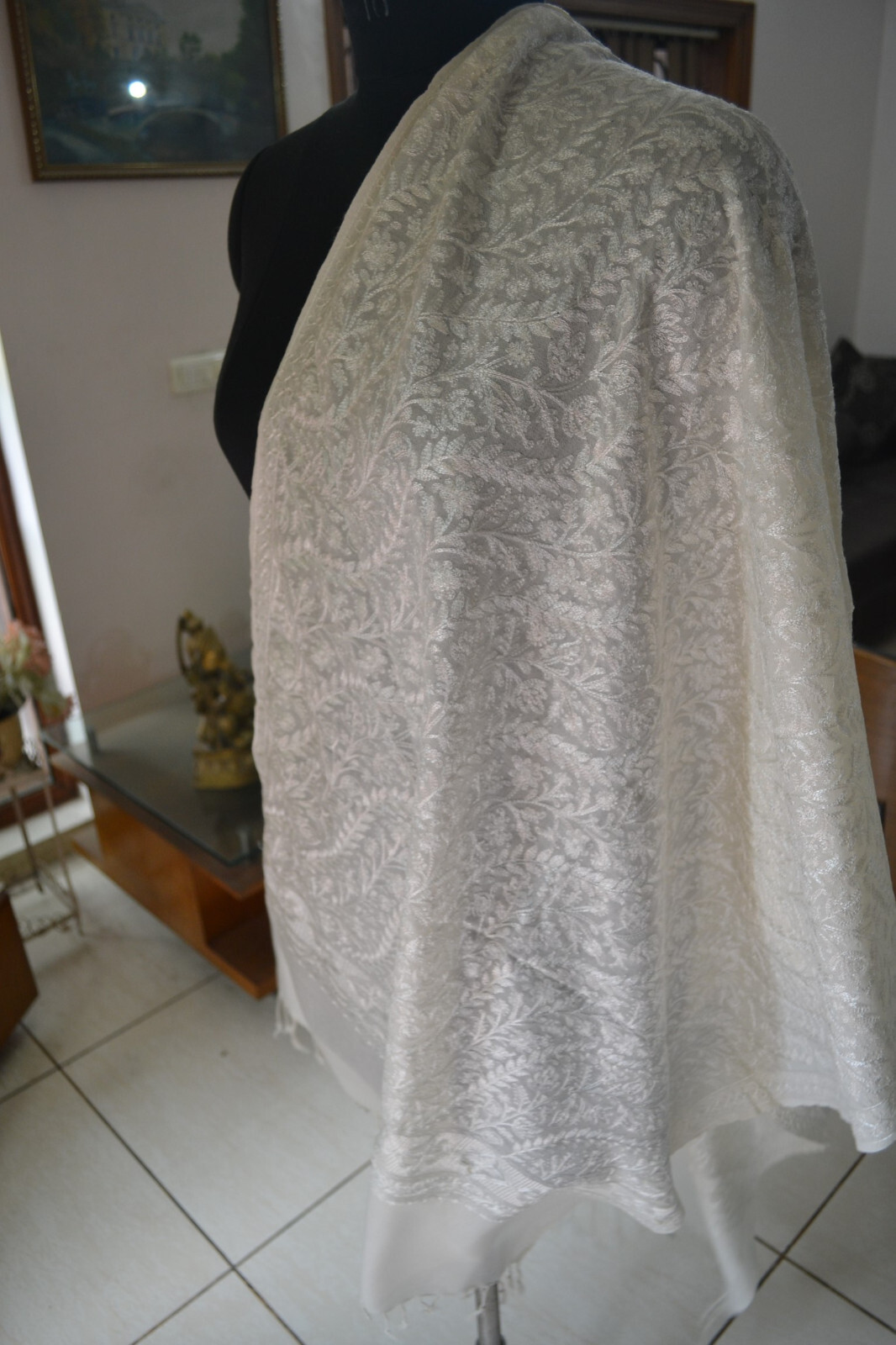 white EMBROIDERED wedding Bride shawl ~100% CASHMERE PASHMINA PAISLEY EMBROIDERY