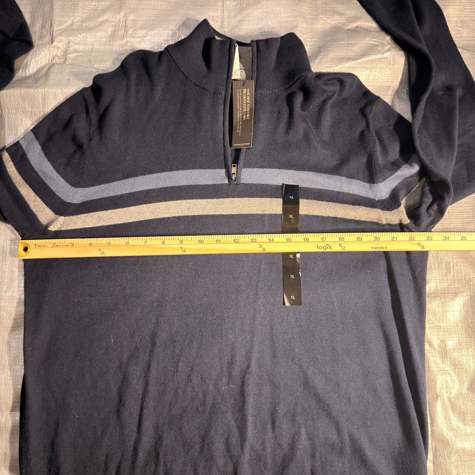 NWT Banana Republic Sweater Mens XL Blue Striped Premium Luxe Yarn 1/4 Zip $70