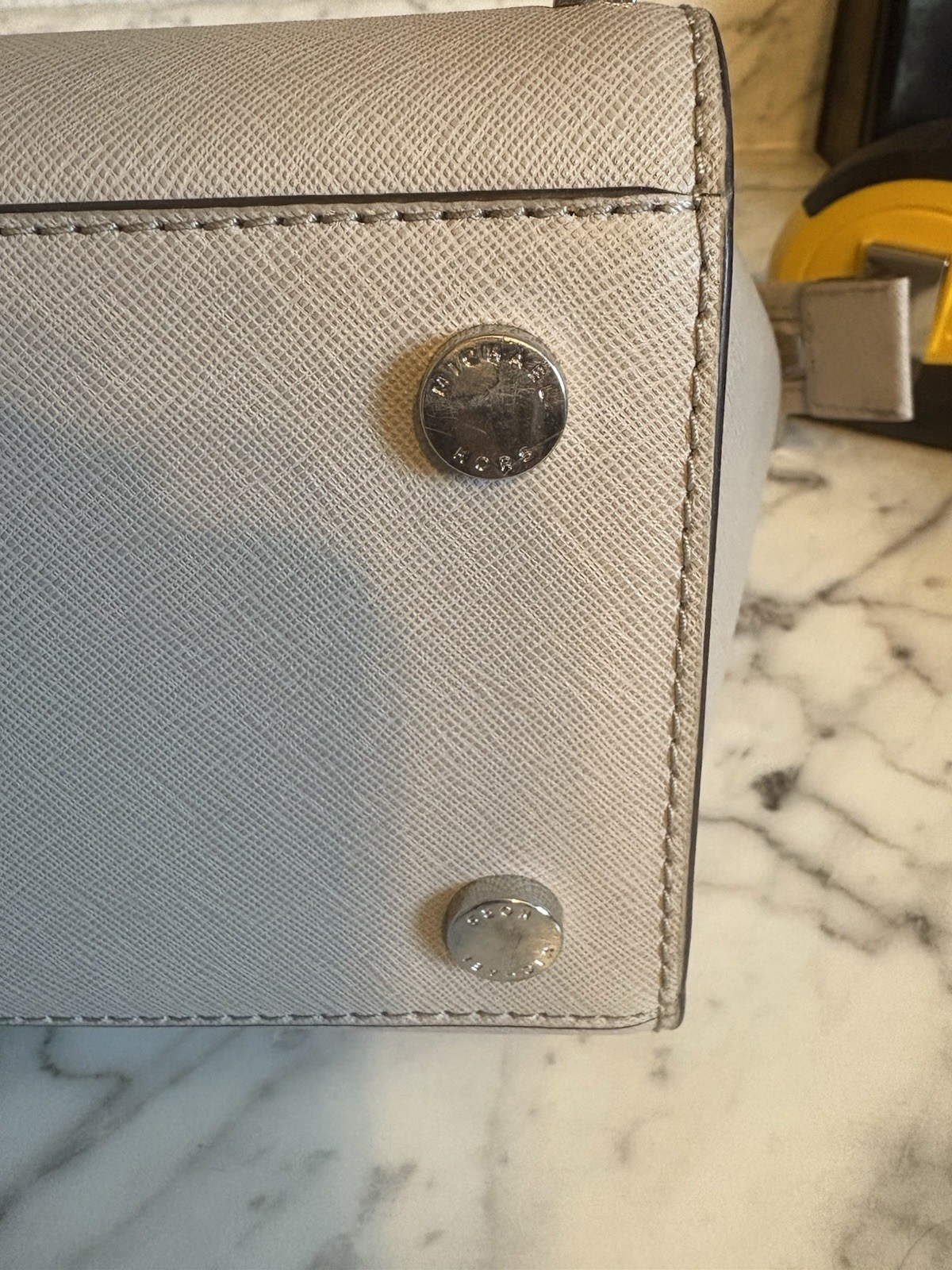 Michael Kors Beige Studded Logo Medium Satchel Top Handle Zip, Silver HW