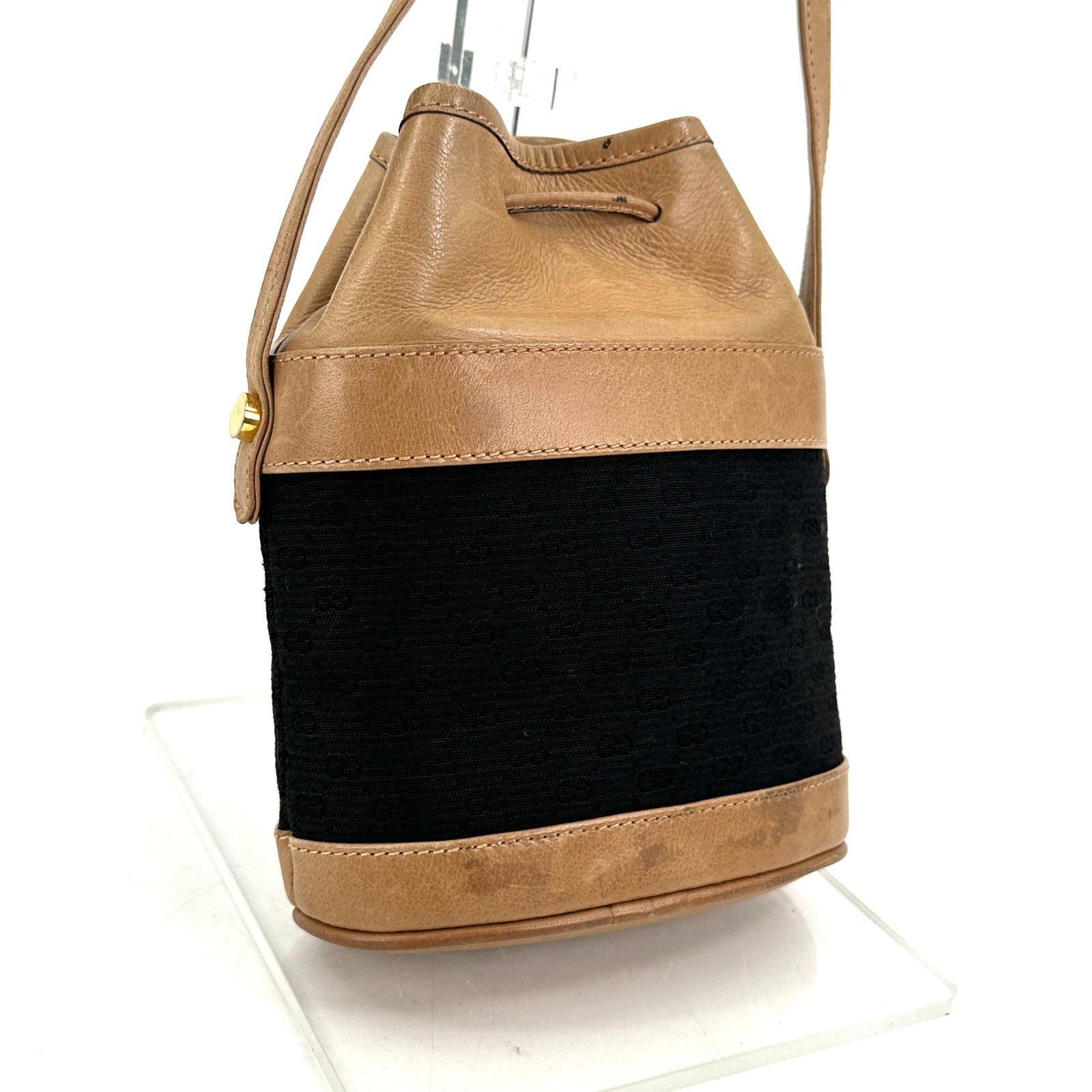 Gucci Vintage Black Brown Canvas Leather Drawstring Mini Bucket Bag Mcro GG Auth