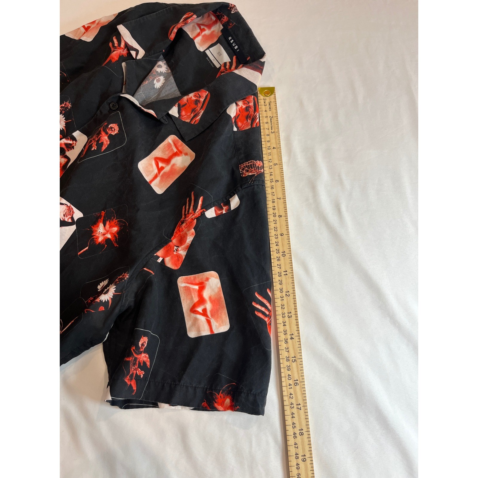 Ksubi Mens XL Black Red Graphic Print Tencel Short Sleeve Button Down Shirt