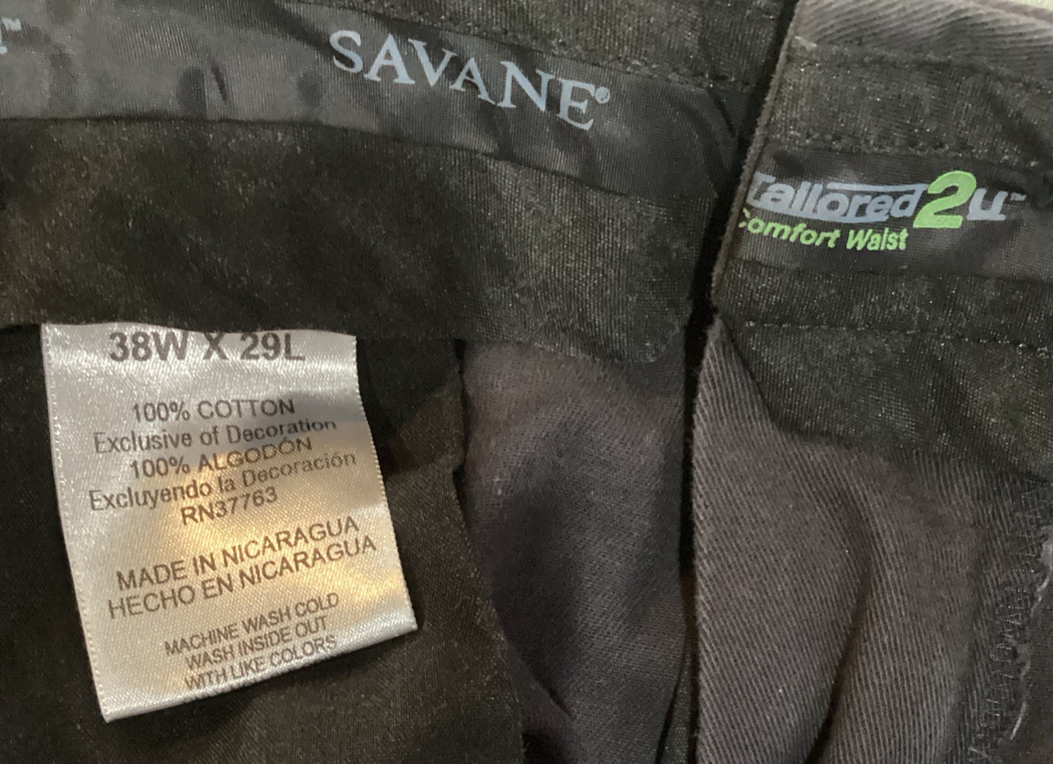 SAVANE TAILORED 2U COMFORT WAISTE MEN’S CHINO PANTS BLACK 38/29 COTTON EUC