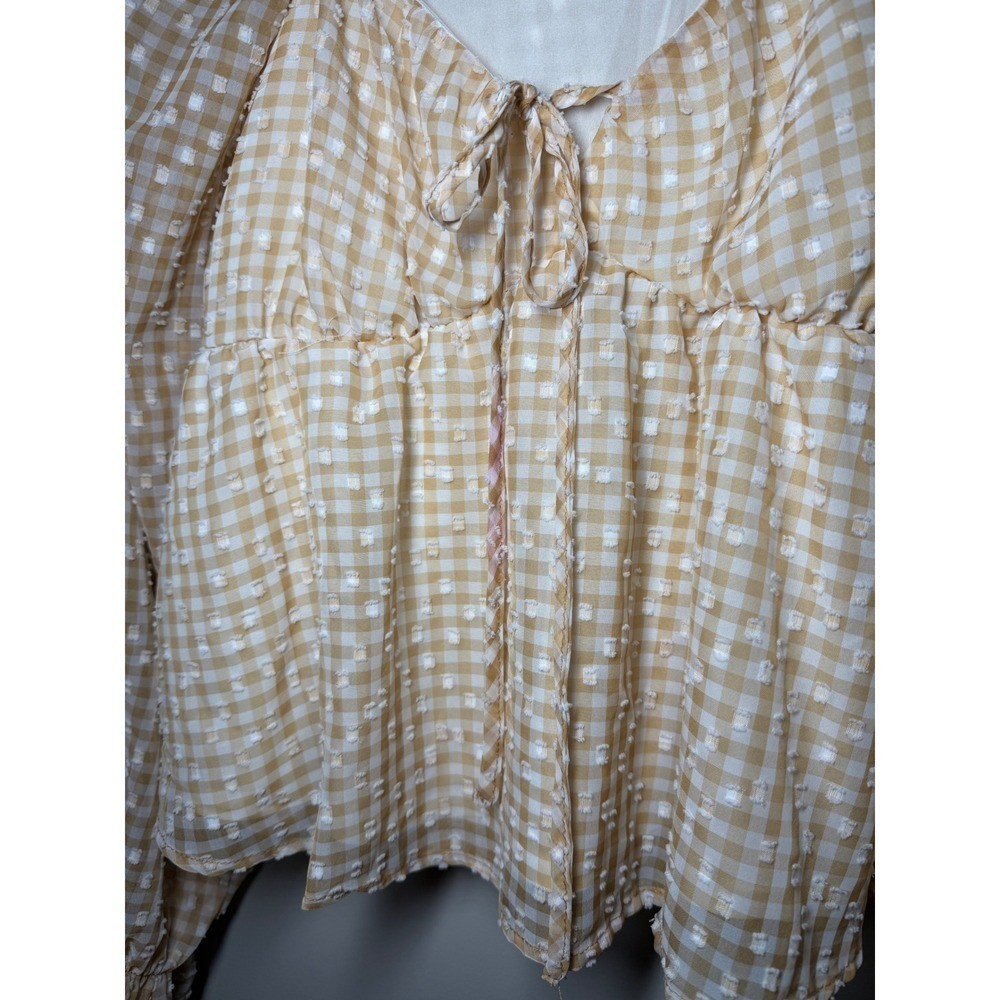 Blu Pepper Tan Gingham Swiss Dot Peplum Blouse Long Sleeve Sweetheart Neck Small