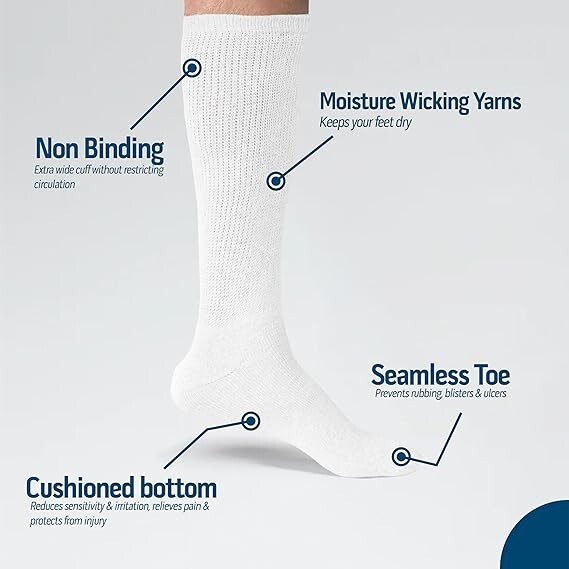 2 Pairs Men’s Diabetic Over the Calf Socks Knee High Compression Cotton Socks