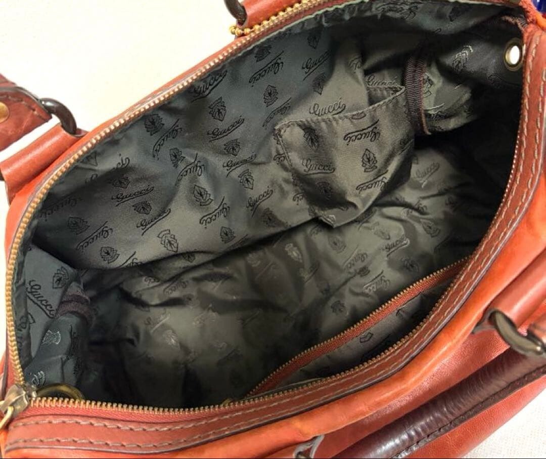 GUCCI Red Leather Boston Bag Vintage Studded Heart Charm Womens Handbag 71