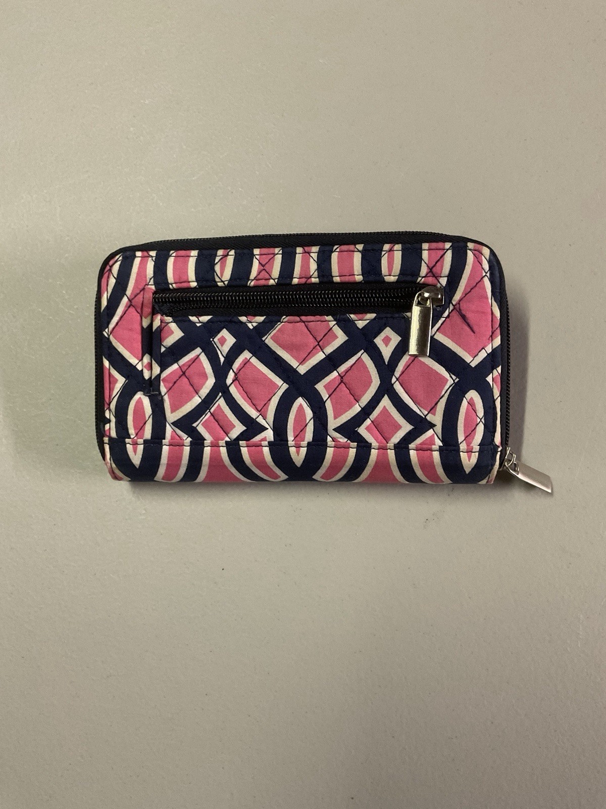 Vera Bradley Turn Lock Wallet Pink Navy Geometric Quilted Zip Around Organizer
