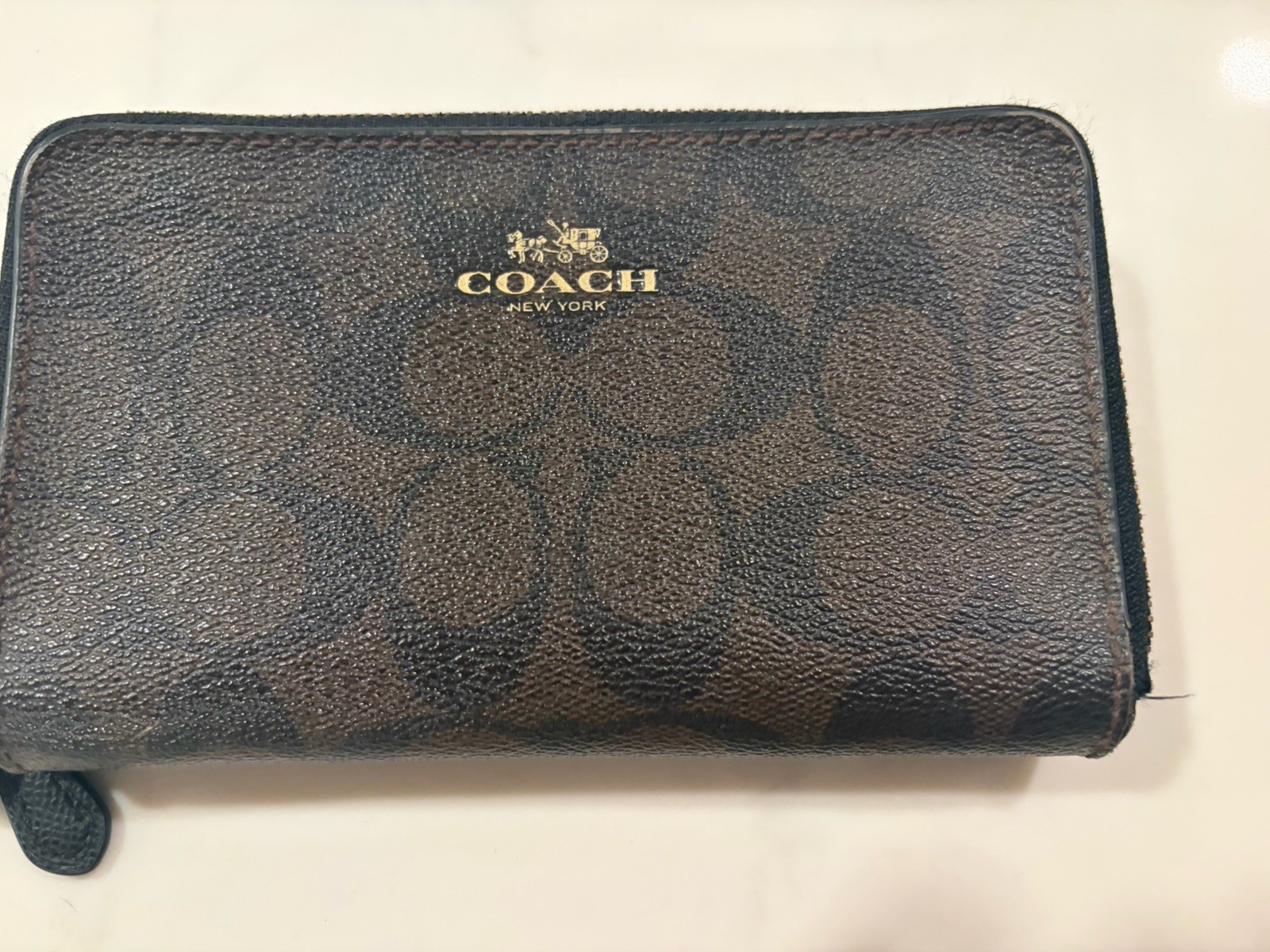 Coach Signature C Double Zip Accordion Wallet Brown Black Gold Logo Large