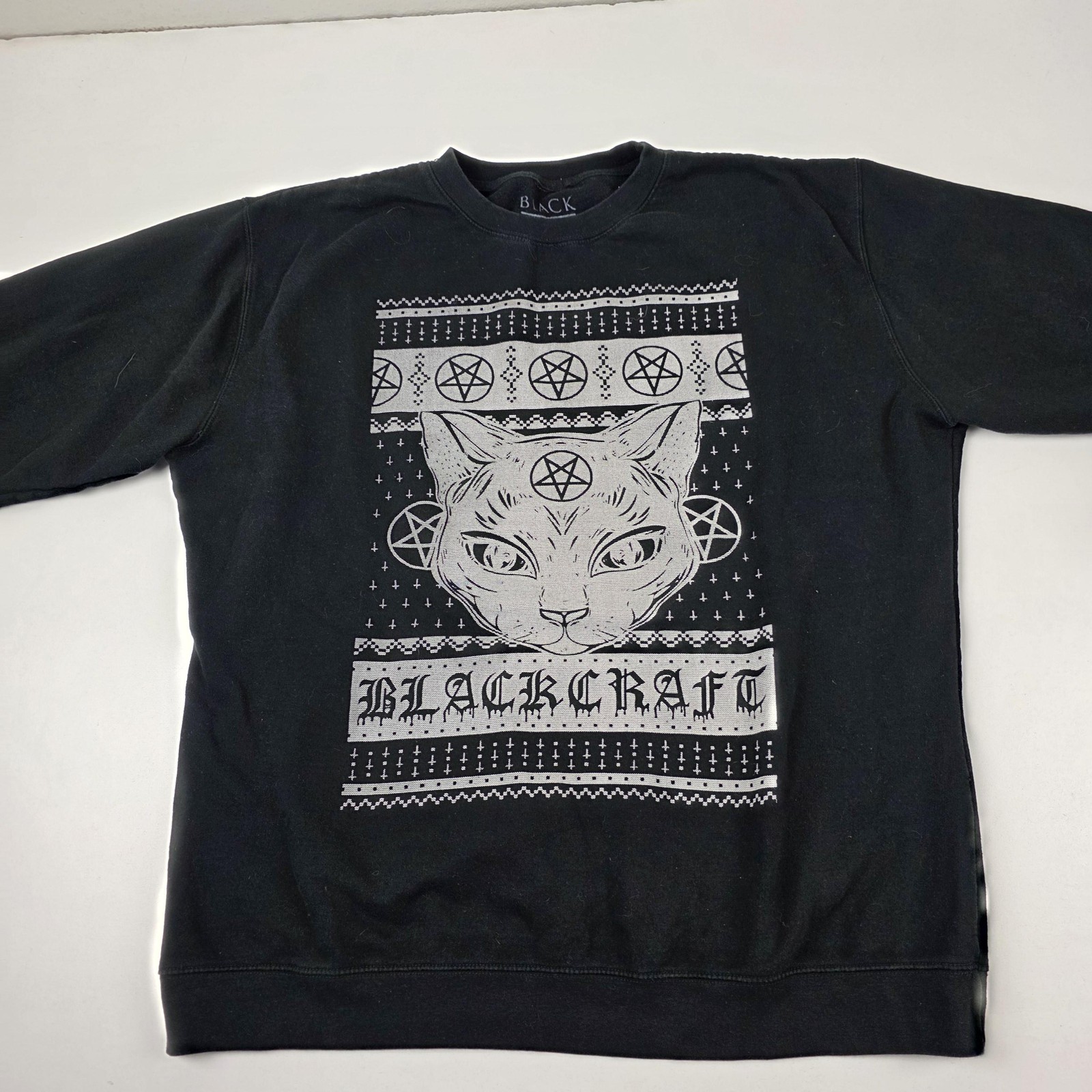 Blackcraft Sweatshirt Mens L/XL Black Cat Pentagram Graphic Pullover Goth