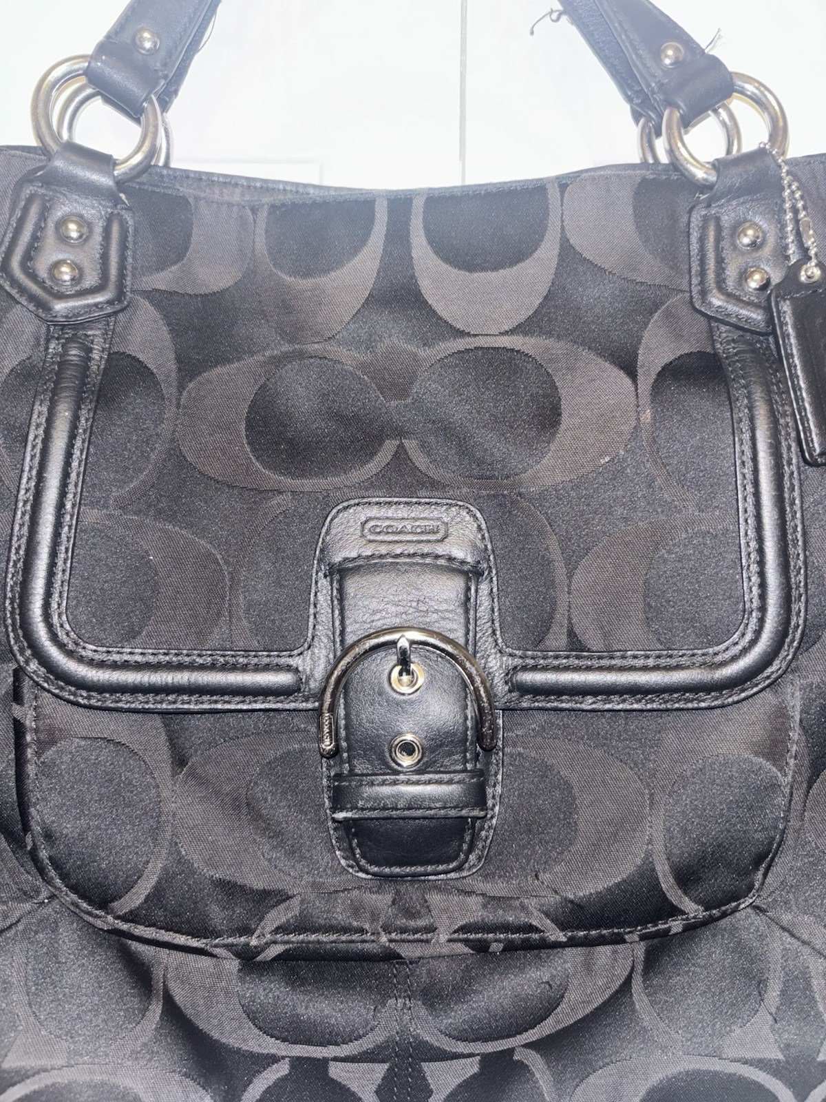 Coach Signature Logo Large Tote Zip Black/Gray, Buckle Pocket, Charm, Silver