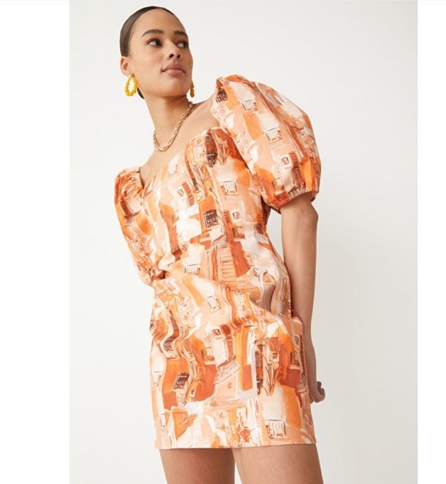 & Other Stories Orange Beige Abstract Square Neck Puff Sleeve Mini Dress 10