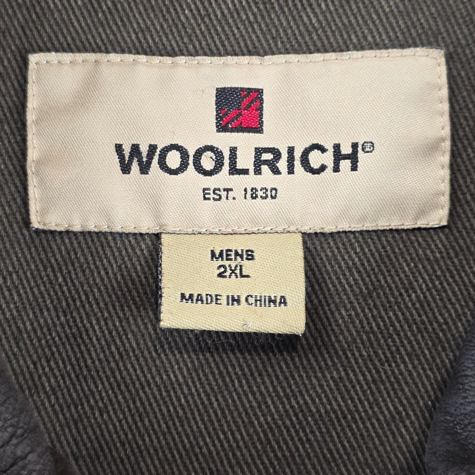 Woolrich Field Jacket Mens 2XL Olive Canvas Barn Chore Fleece Lined Leather Trim