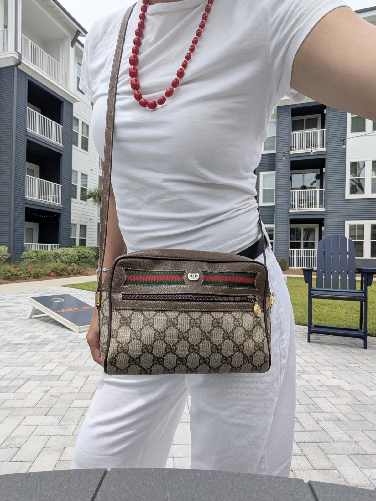 Gucci GG Monogram Web Stripe Small Crossbody Bag Zip, Adjustable Strap