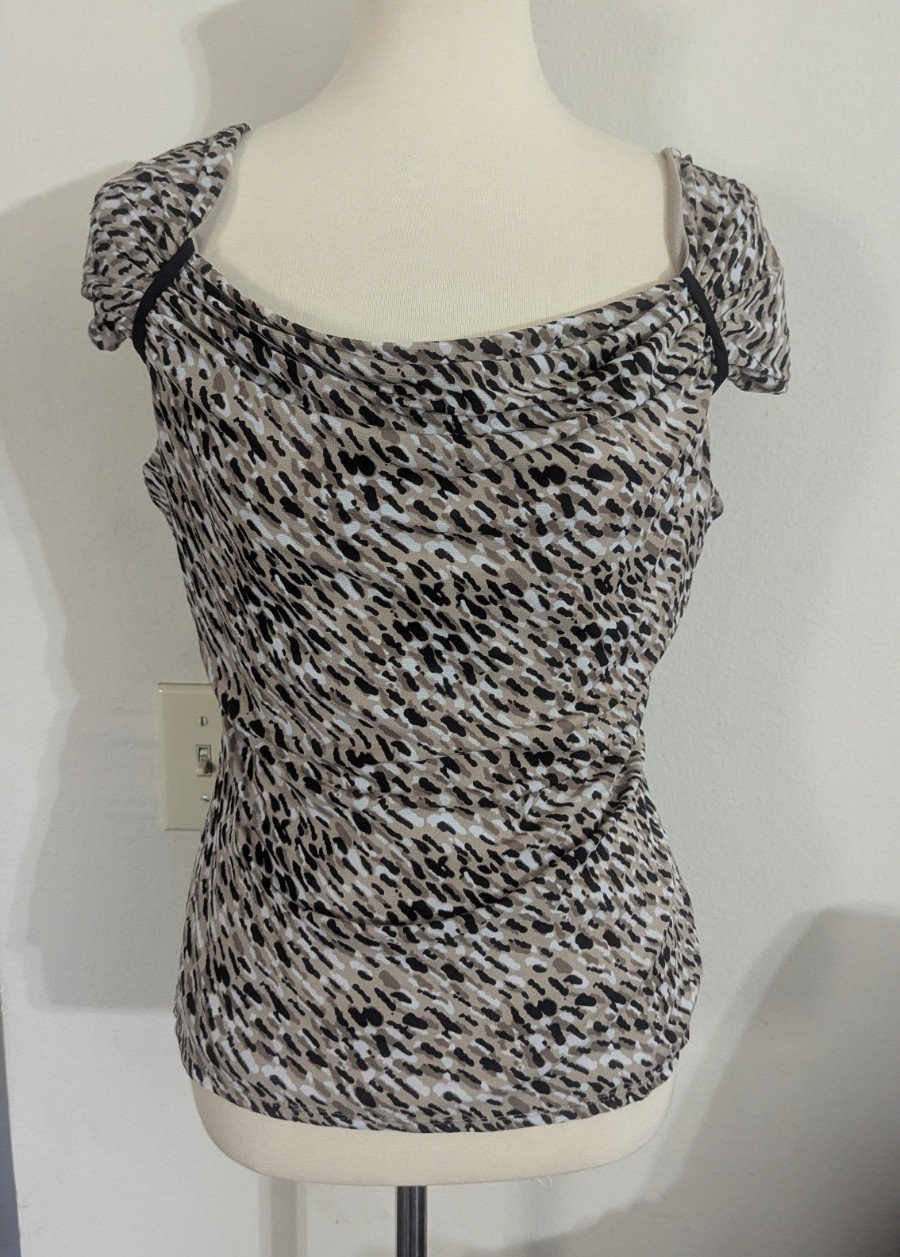 Worthington Animal Print Cowl Neck Top Short Sleeve Blouse Shirt L