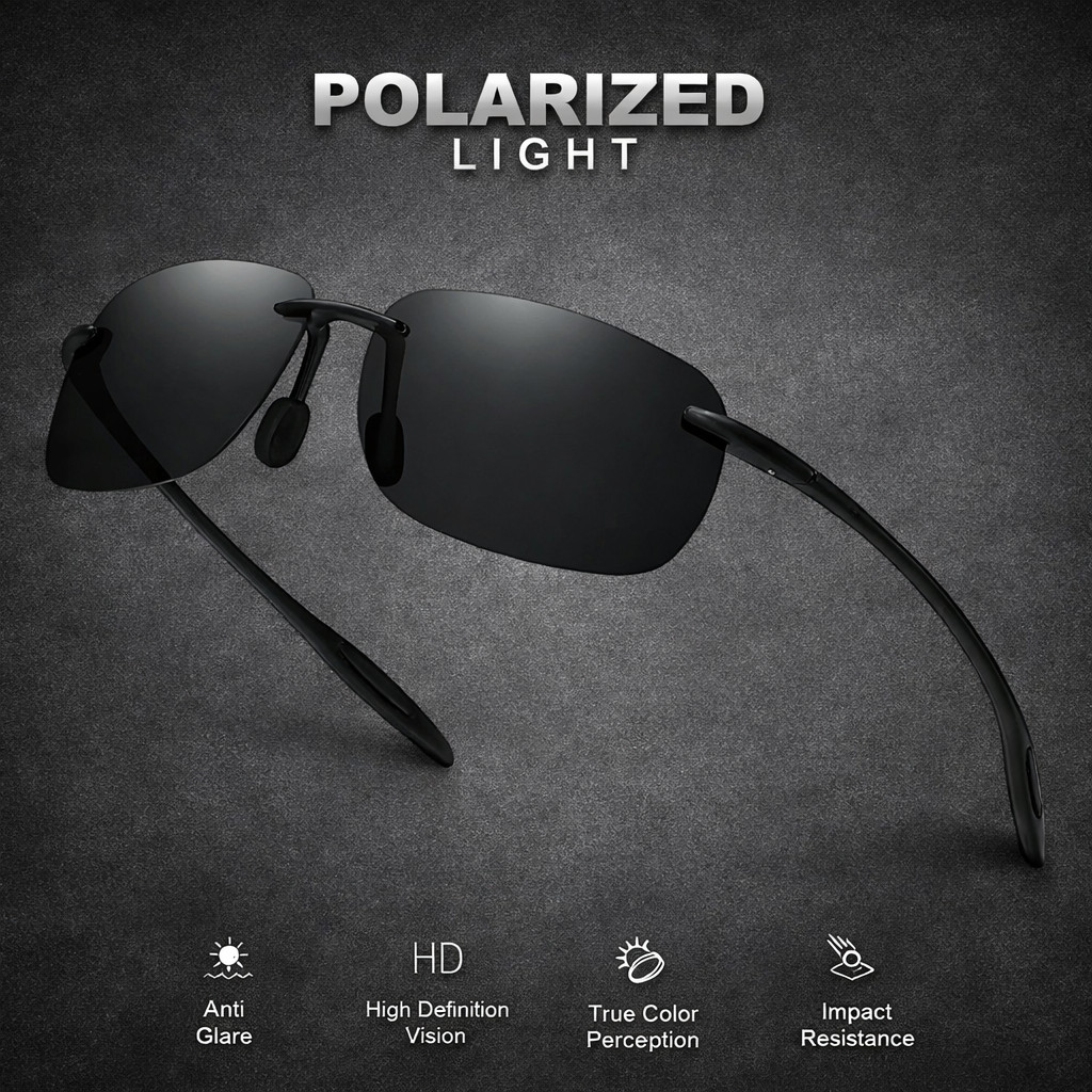 Rimless TR90 Sunglasses Polarized UV400 Lenses Lightweight Outdoor Men Glasses
