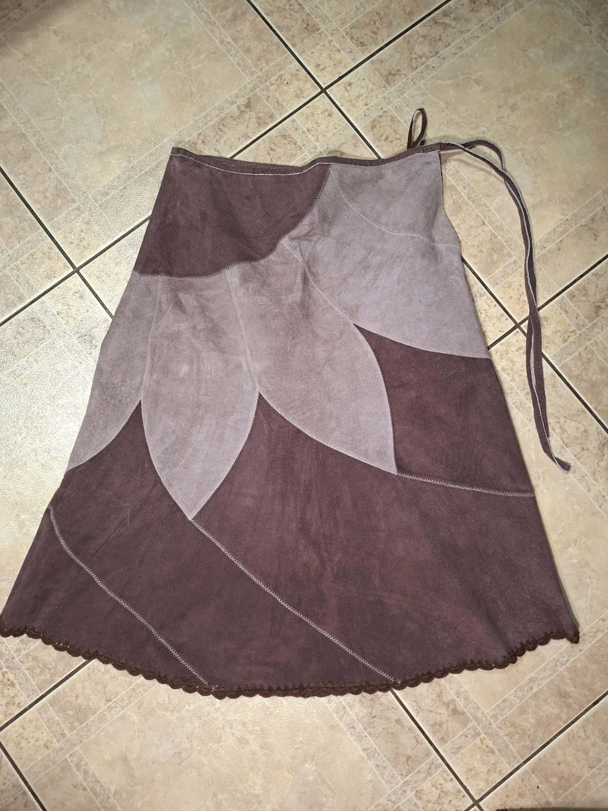 Y2K Patchwork Leather Midi Skirt Avant Premiere 100% Suede Brown Boho Wrap