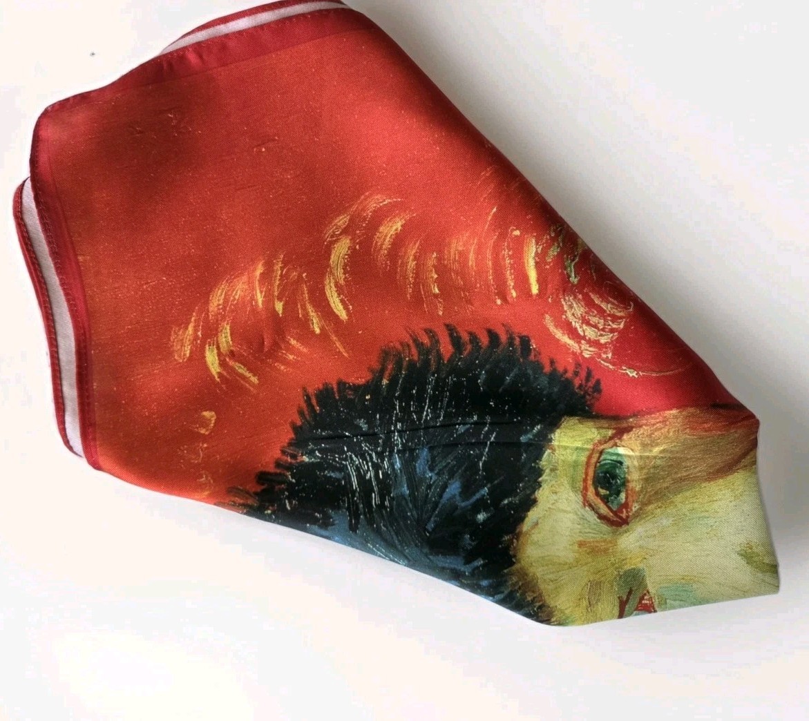 NEW Van Gogh Self Portrait Art SCARF Faux Silk Red Impressionism Man 21″ READ