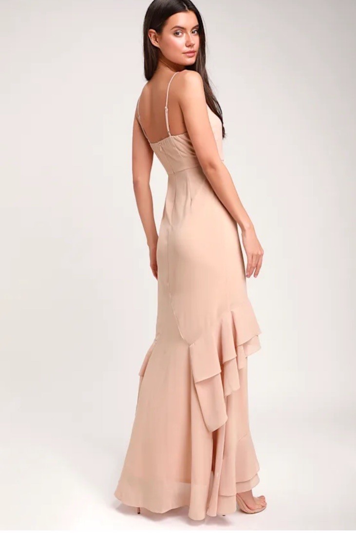 Lulus Women’s Beige V-Neck Chiffon Ruffle Maxi Dress Polyester Size M E-7