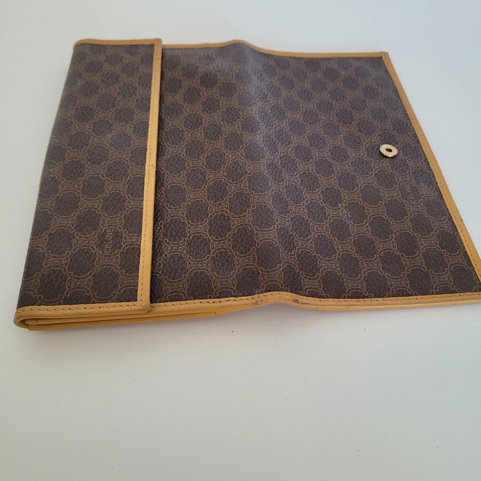 Celine Vintage Macadam Monogram Long Wallet Brown Tan Leather Made in Italy