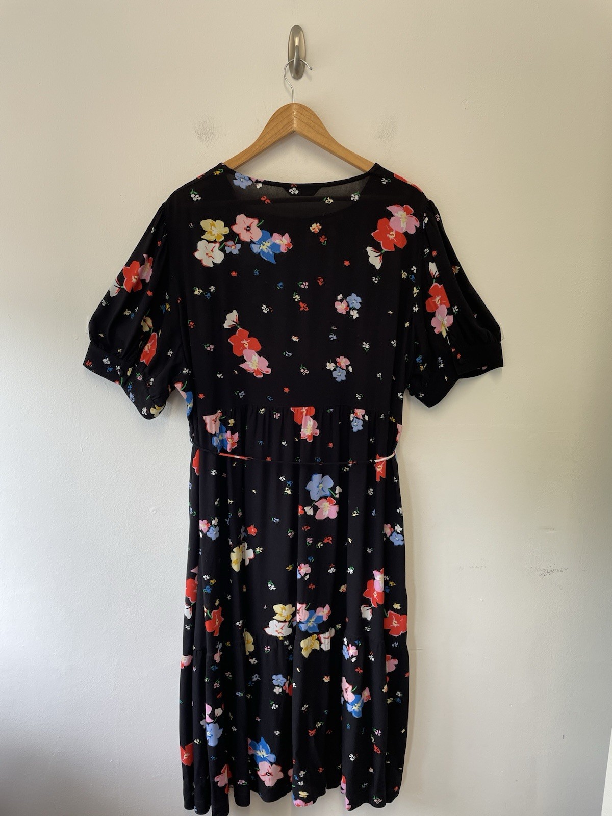 M&S Floral Print Midi Dress Size 24 Black Multi Tiered Button Detail Belted