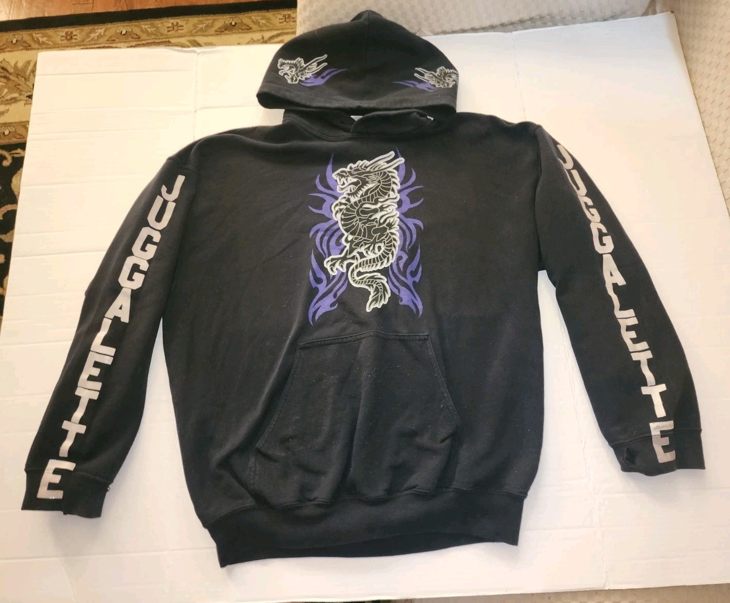 Y2K Juggalette Black Hoodie Xl With Dragon And Purple Flames, Grunge Tribal Emo
