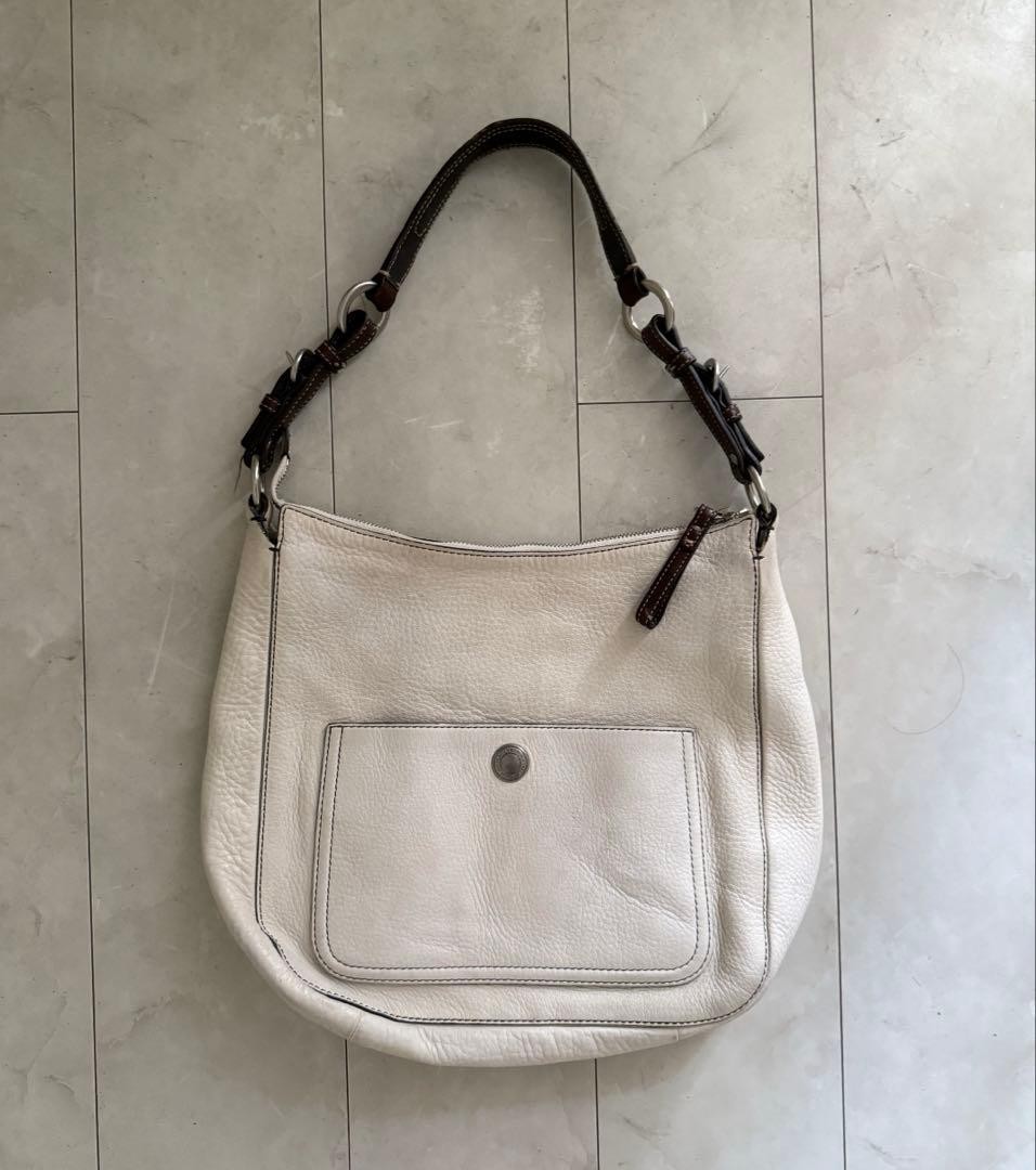 COACH Leather Shoulder Bag White 15.4×11.4in Natural Pouch Used