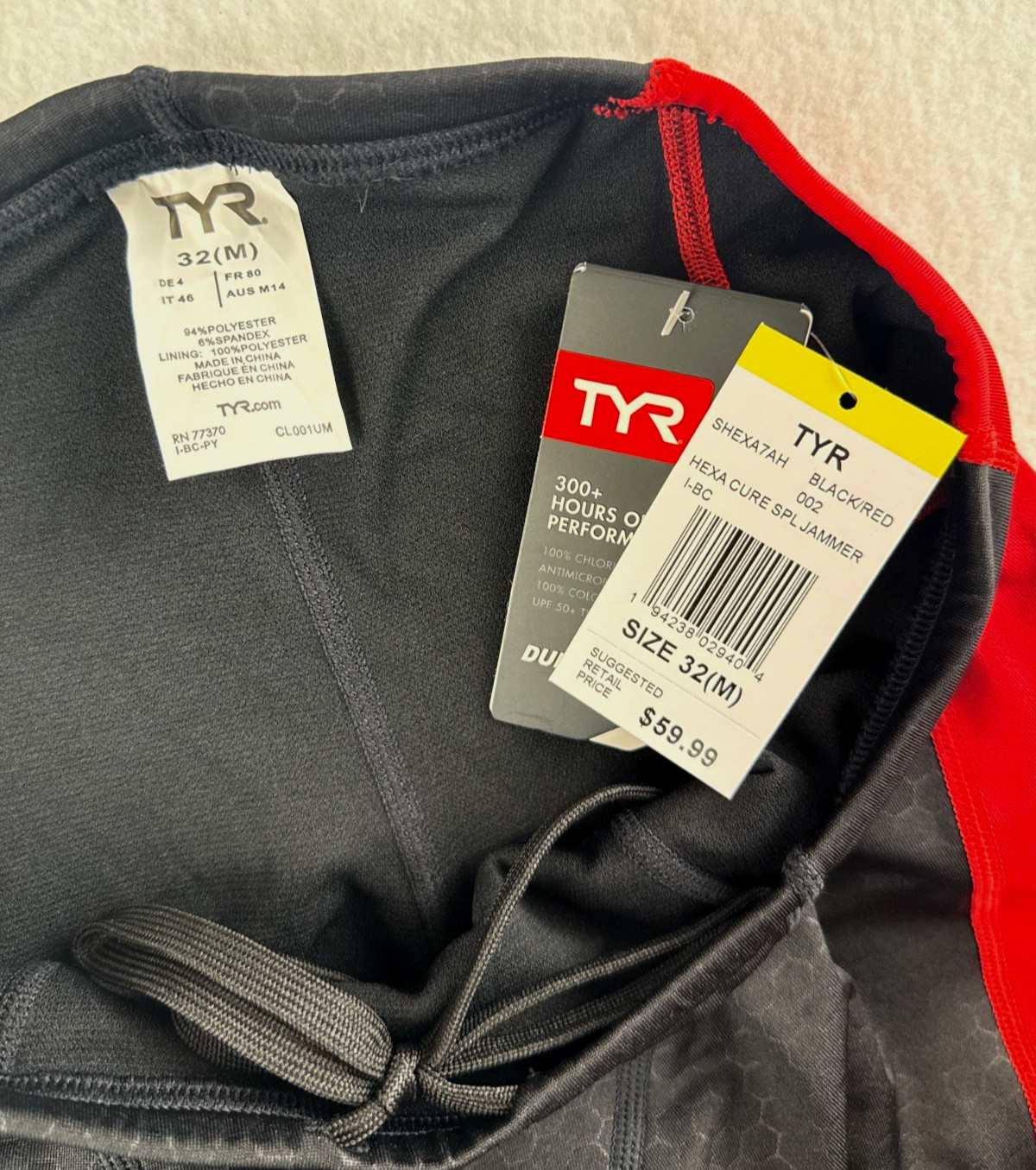 TYR Durafast Hexa Cure Jammer Swim Mens 32 Medium Black Red Competition NWT