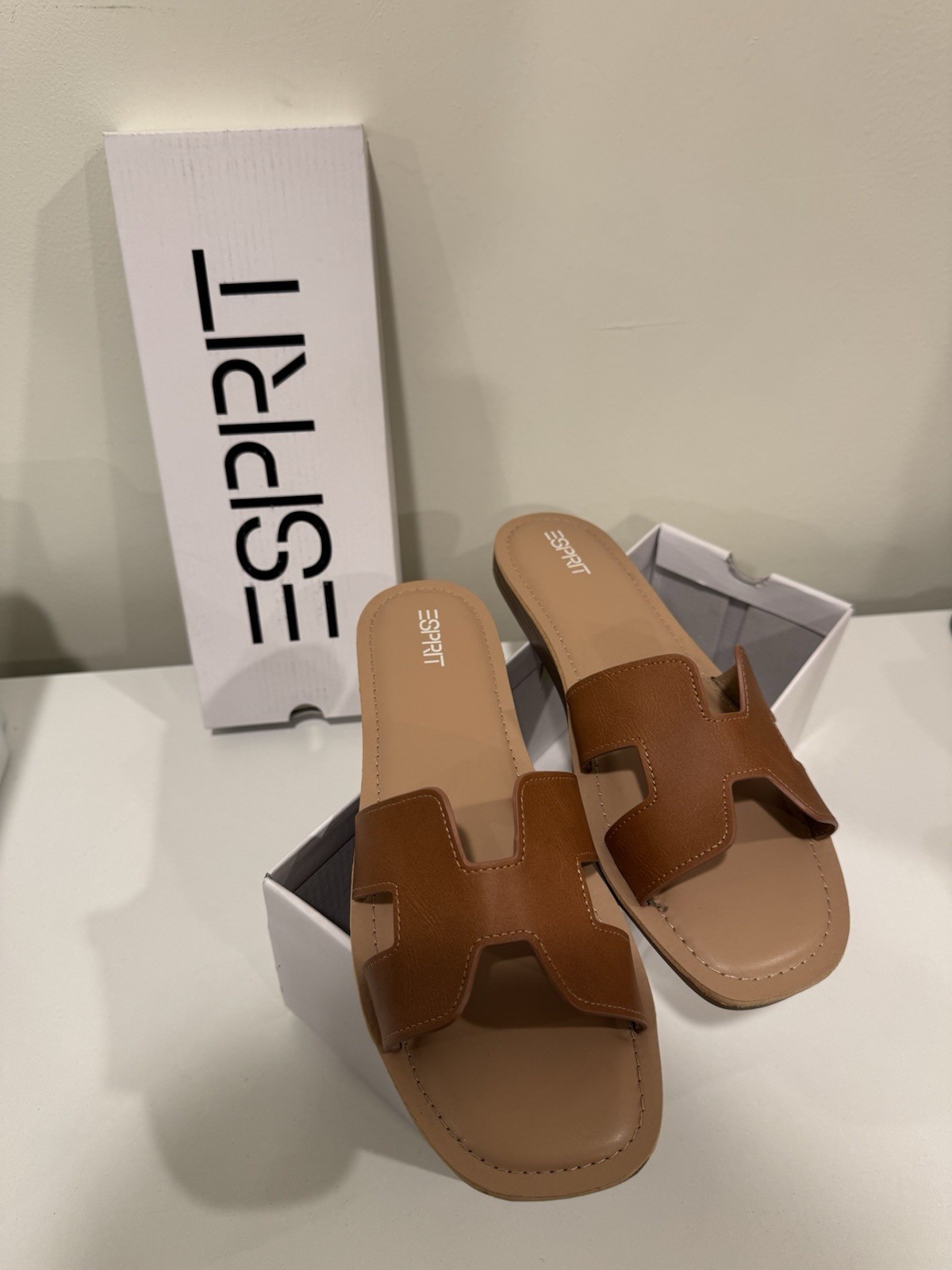 Esprit Logo Strap Slide Sandal Brown/Beige Women’s US 8.5 Casual Summer