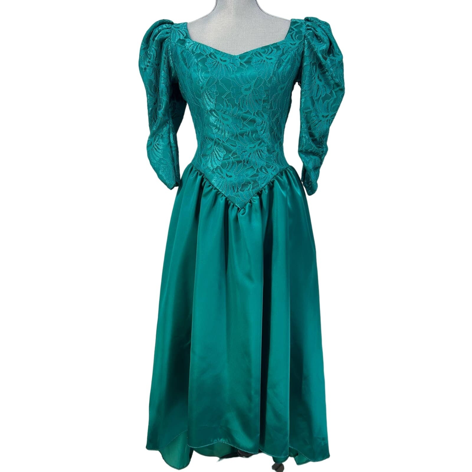 Vintage 80s Union Made Green Teal Special Occasion Prom Satin Midi Dress Size XS
