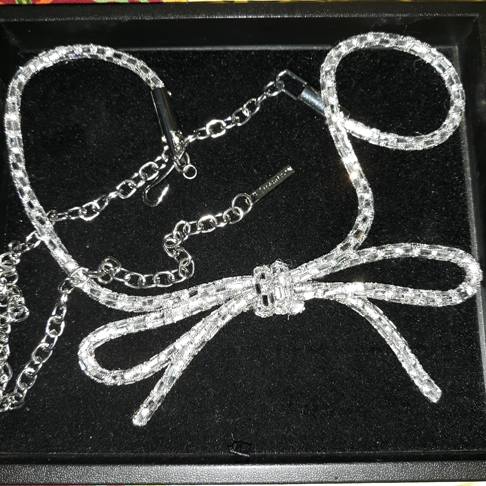 Vtg H By Halston Crystal Belt Sz L W/Bow Adj Clip Chain Clear Stones Slvr Fabric