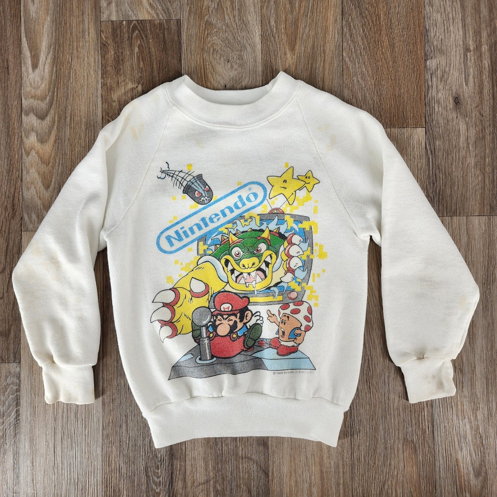 Vintage 1989 Nintendo Super Mario Bros Kids Sweatshirt White Bowser Toad 1980s